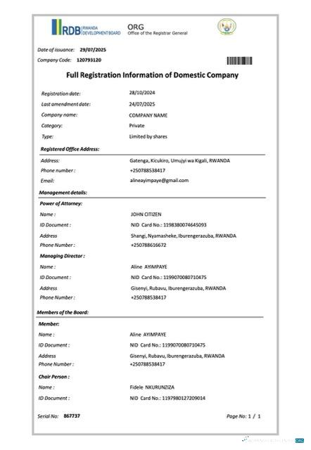 Rwanda full registration information of domestic company Word and PDF template